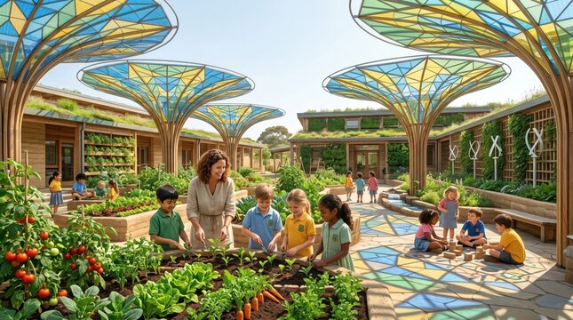 People gardening in a modern greenhouse with treelike canopies.