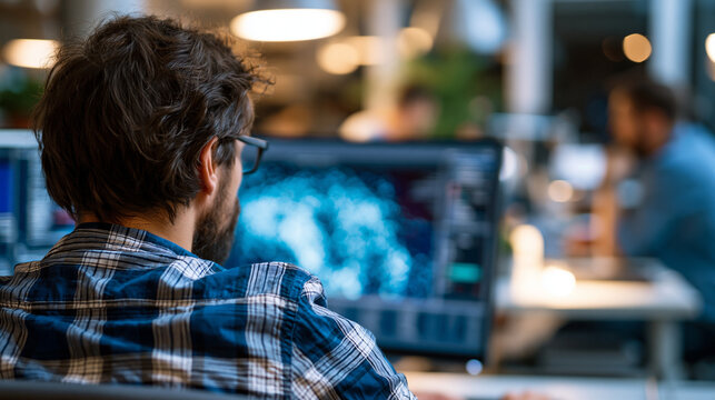 A European quantum computer engineer viewed from behind programs a bright glowing softly defocused quantum computer in a calm research facility in soft daylight quantum
