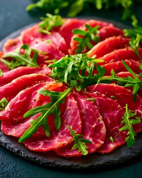Carne salada trentina beef slices with fresh arugula on slate plate