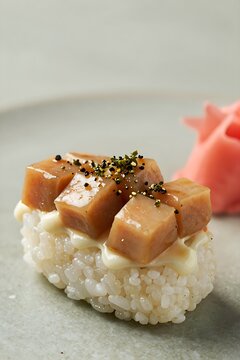 Kakuni Inari sushi with glazed pork belly and creamy sauce