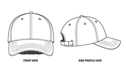 Baseball cap vector illustration, blank hat template for design front and side view of a classic sixpanel cap with adjustable strap and metal buckle © Essential Design Lab
