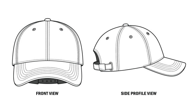 Baseball cap vector illustration, blank hat template for design front and side view of a classic sixpanel cap with adjustable strap and metal buckle