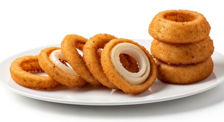 Fototapeta premium A plate of crispy onion rings arranged on a white plate on a table indoors.