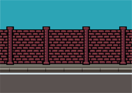 A horizontal vector illustration of a red brick wall with pillars next to an empty asphalt street road under a clear blue sky.