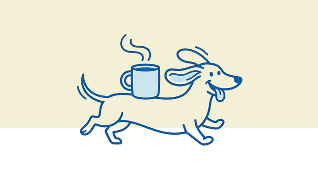 Cute cartoon dachshund dog running with a steaming cup of coffee on its back, simple vector illustration of a happy puppy carrying a mug, playful pet design for coffee shop or morning concept