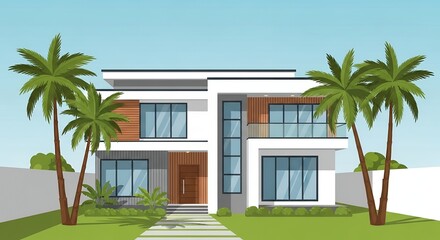Fototapeta premium Modern Luxury Two-Story Villa Architectural Illustration with Tropical Palm Trees and Clear Blue Sky