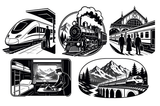 Train Travel And Railway Icons Set. Steam Locomotive And High-Speed Train Vector Collection