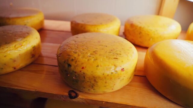 Whole Dutch red Edam cheese. Dutch cheese edam, gouda, piece and whole round wheel in a cheese store. Traditional Netherlands fresh product.
