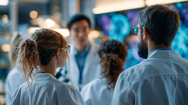 A European scientist team viewed from behind gathers at a bright interactive display for soft medical research in a calm modern lab in soft daylight science meeting faceless