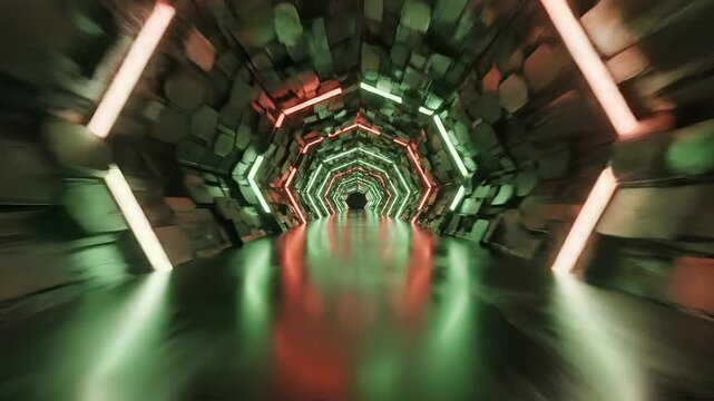 Futuristic Neon Tunnel with Stone Walls and Reflective Floor.