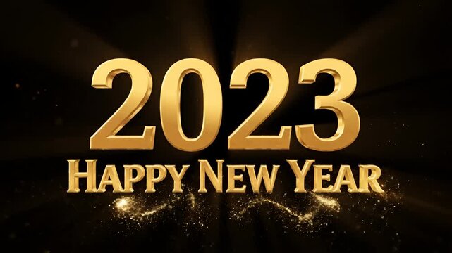 Golden 2023 Happy New Year Celebration with Sparkling Particles.