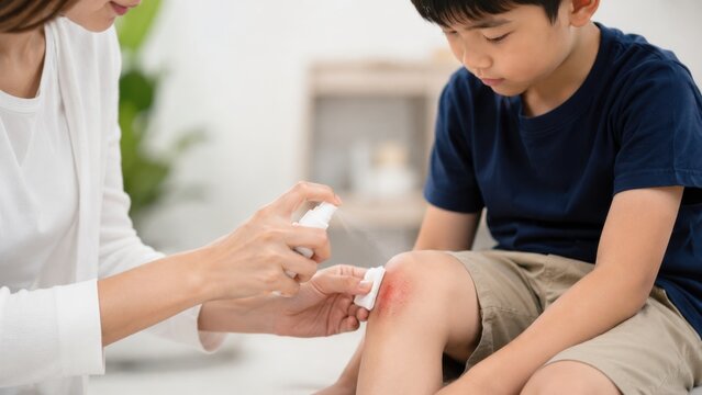 Mother Applying Antiseptic Spray on Child Knee Wound at Home