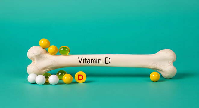 Vitamin D supplement on bone model with capsules, promoting bone health and wellness