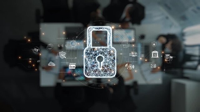 A striking digital security visual featuring a lock symbol, representing data protection within a collaborative business environment, emphasizing modern technology and teamwork. Raster
