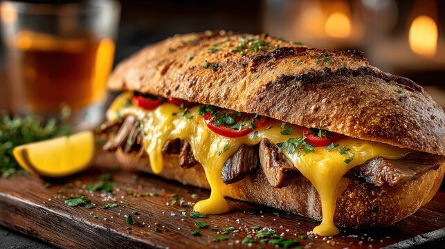 Close-up of a crusty baguette sandwich filled with juicy steak and dripping melted cheese.
