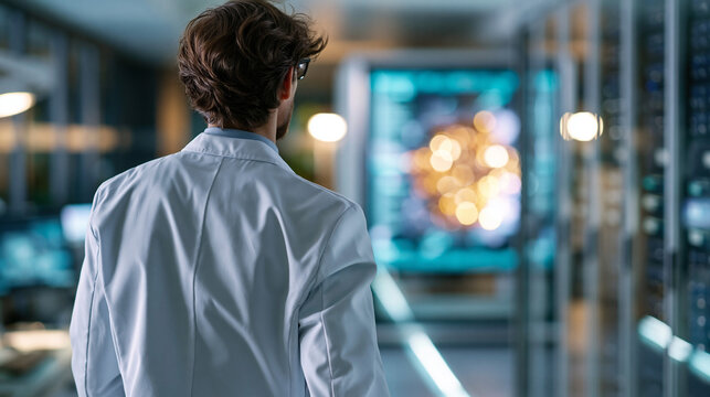 A European computer scientist viewed from behind walks toward a bright softly defocused quantum computer in a calm futuristic lab in soft daylight quantum approach faceless back
