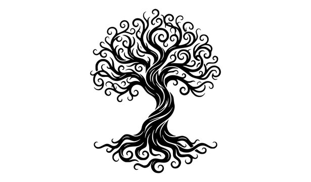 Mystical Black Tree Silhouette Vector Nature Line Drawing with Twisted Branches