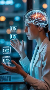 Woman interacting with futuristic brain interface technology