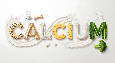 Naklejka premium Calcium word made of healthy food and ingredients with milk splash on white background