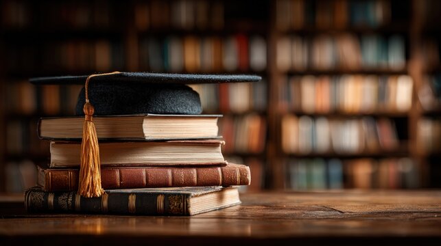 Close-up of a graduation cap sitting on weathered books on a wooden desk in a dim library.