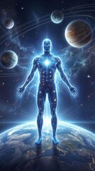 Obraz premium Ethereal cosmic being standing above planet Earth in deep space. Spiritual entity with glowing energy and starlight patterns surrounded by orbiting planets and celestial nebulae.