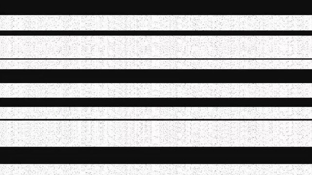 Black horizontal lines glitching on white grainy background, digital noise, bad signal, VHS static, distortion effect, abstract geometric pattern, retro tech error 4k video