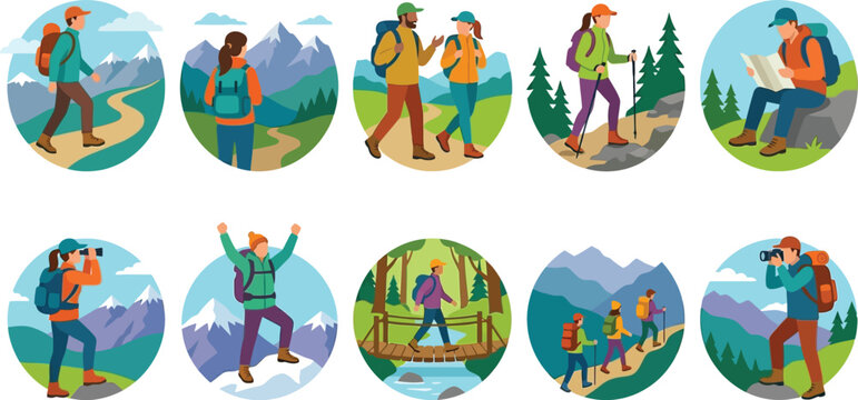 Set of ten hikers exploring diverse natural landscapes, men and women enjoying outdoor adventures.