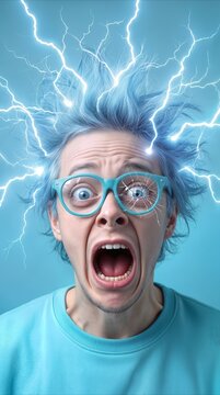 Mad scientist screaming with blue hair standing on end from electric shock. Surreal portrait of high voltage experiment or mental burnout.