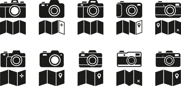 Set of black and white camera and map icons, travel and photography concept.