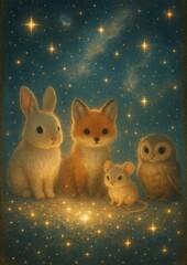 Fototapeta premium Whimsical animals under starlit sky.
