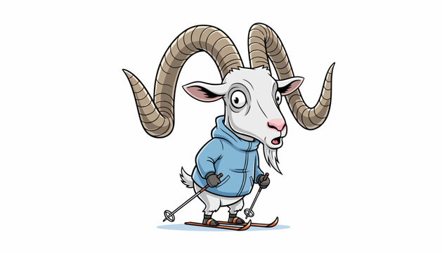 Illustration of a cartoon goat dressed in a ski jacket and skis, ready for winter sports on a snowy mountain slope with a surprised expression