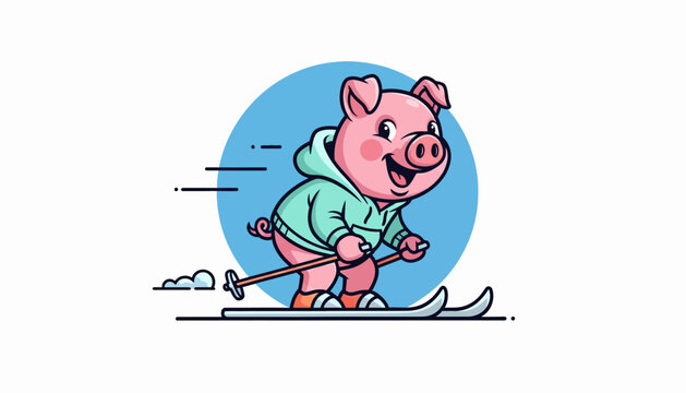 Playful pink pig glides gracefully down snowy slopes, embodying the joyful spirit of winter fun and lighthearted adventure in a charming cartoon illustration