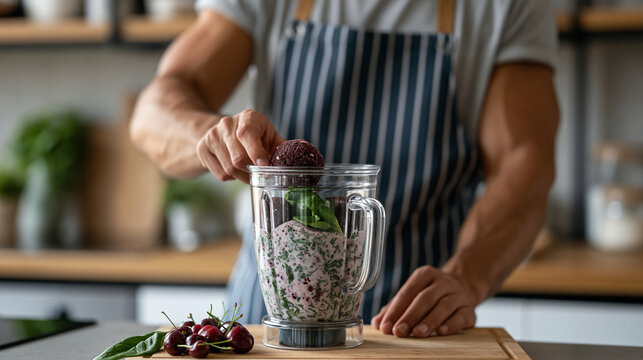 Polyphenol rich smoothie preparation in modest apartment kitchen, young professional adding frozen acai, tart cherries, and spinach to blender, early morning routine before work commute, soft ambien