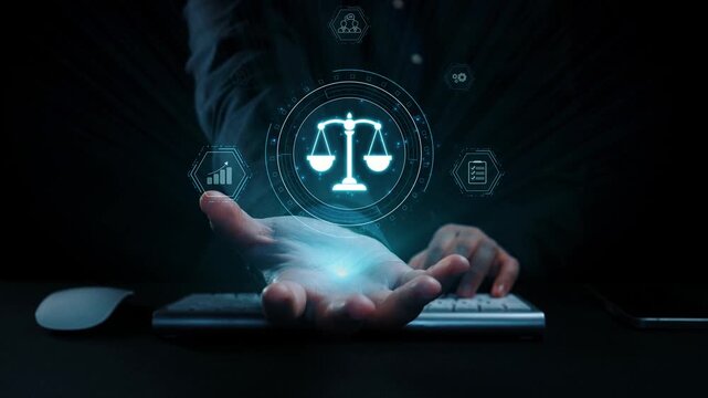 Futuristic digital law interface displaying justice scale, highlighting digital law, AI compliance, digital law systems, and digital law regulations for secure governance. Elide