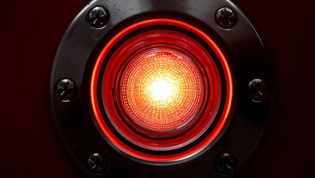 Close up emergency style button press with LED response in cinematic industrial tech environment