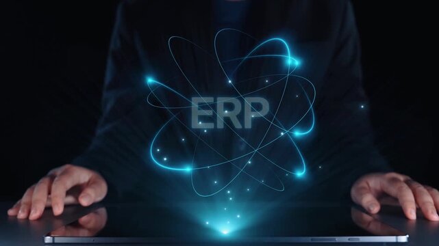 ERP platform visual showing centralized system for enterprise resource planning, improving integration, data flow, business efficiency, finance, inventory, and human resources. Elide
