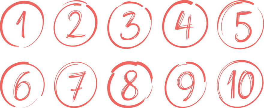 Hand drawn numbers one to ten inside red circle brush strokes vector illustration set isolated on white background