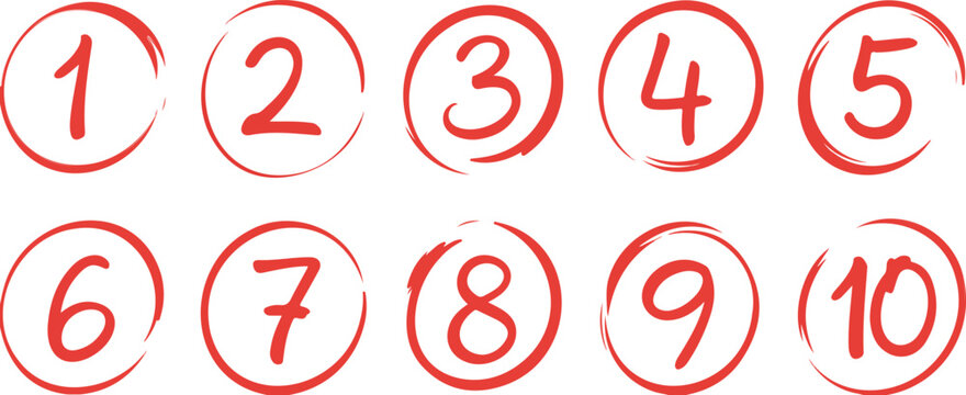 Hand drawn numbers one to ten inside red circle brush strokes vector illustration set isolated on white background