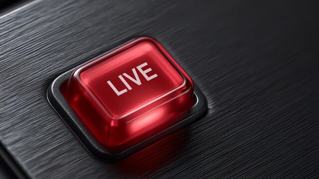 Close-up of finger pressing red live button on black control panel for real-time broadcasting