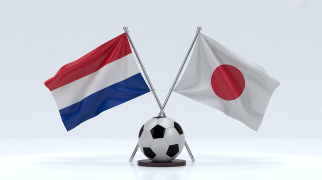 National flags from the Netherlands and Japan cross over a traditional black and white soccer ball