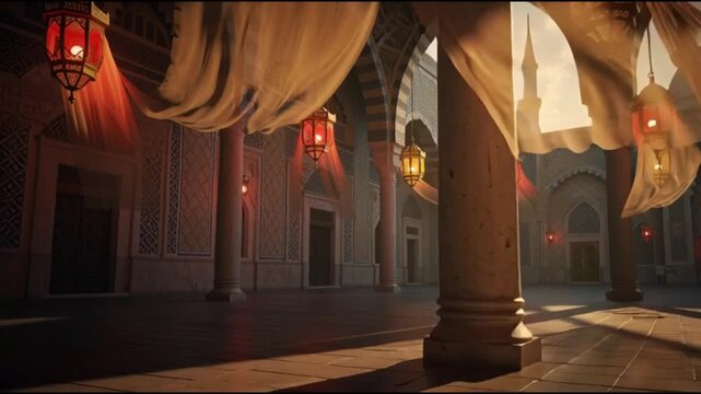 Festive Mosque Courtyard with Lanterns for Ramadan - Generative AI