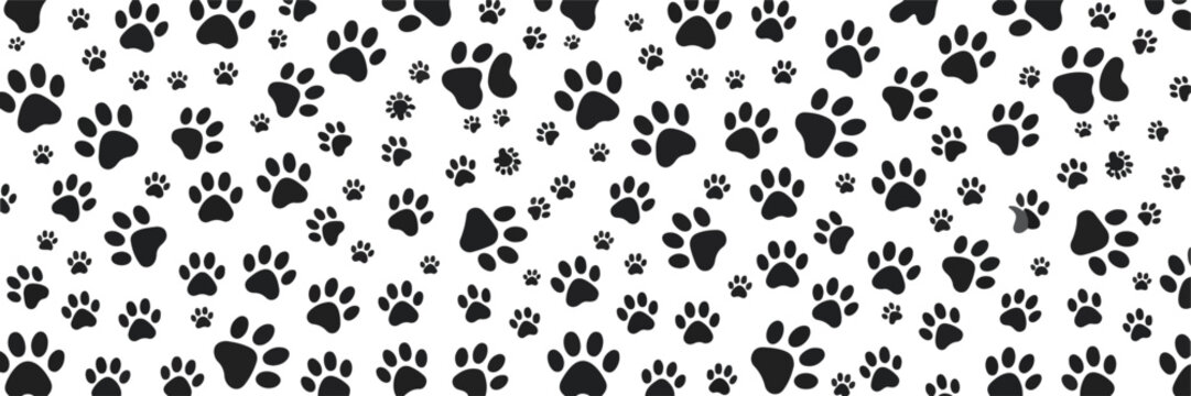 Black silhouette animal paw prints seamless background pattern with dog cat bear and wolf foot tracks vector illustration