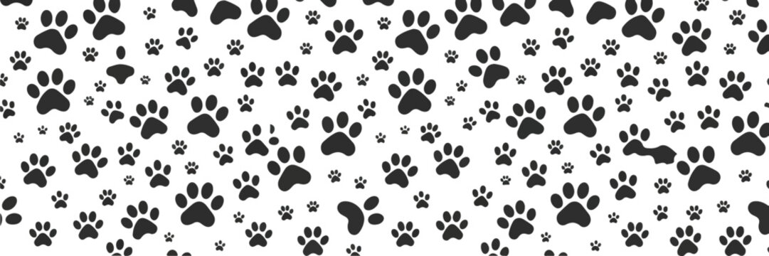 Black silhouette animal paw prints seamless background pattern with dog cat bear and wolf foot tracks vector illustration