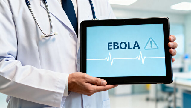 Photorealistic image of a doctor in a white coat holding a tablet with the clear readable word &ldquo;EBOLA&rdquo; on a clean medical interface, subtle warning icon and heartbeat line on the screen, bright clinic