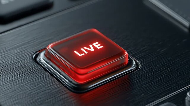 Close-up of a red live broadcast button being pressed, digital technology, streaming