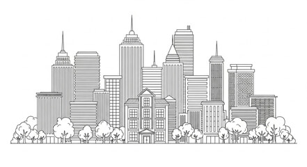 Fototapeta premium Modern city skyline with skyscrapers and trees in a drawing style.