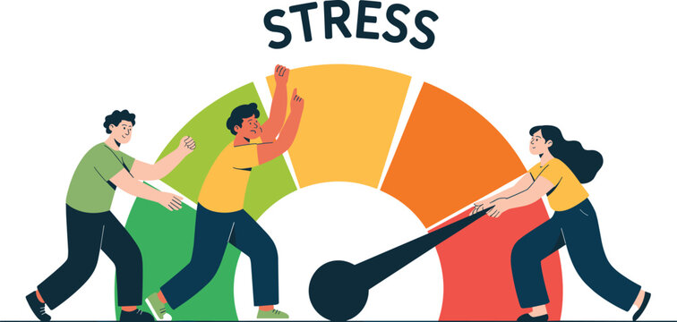 Tiny people pushing back arrow indicator on huge stress level speedometer gauge concept vector illustrationTiny people pushing back arrow indicator.