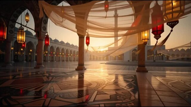 Elegant Mosque Courtyard with Lanterns at Sunset - Generative AI