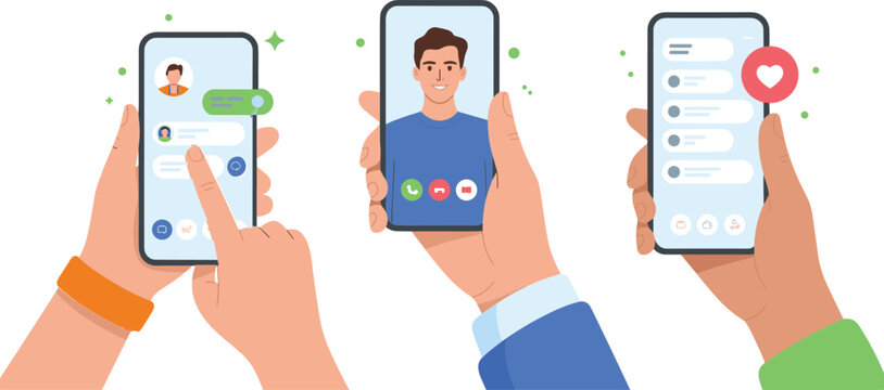 Hands holding smartphones using mobile applications for chatting video calling and social media vector illustration