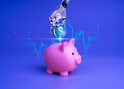 AI investment concept with robotic hand placing coin into piggy bank. Fintech automation, robo advisor, smart saving, digital finance growth, automated trading, future financial technology innovation.